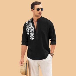 FINIVO FASHION Men’s Regular Fit Cotton Blend Short Kurta Shirt | Full Sleeve Ethnic Shirt with Mandarin Collar and Button Placket | Casual Kurta for Daily and Traditional Use