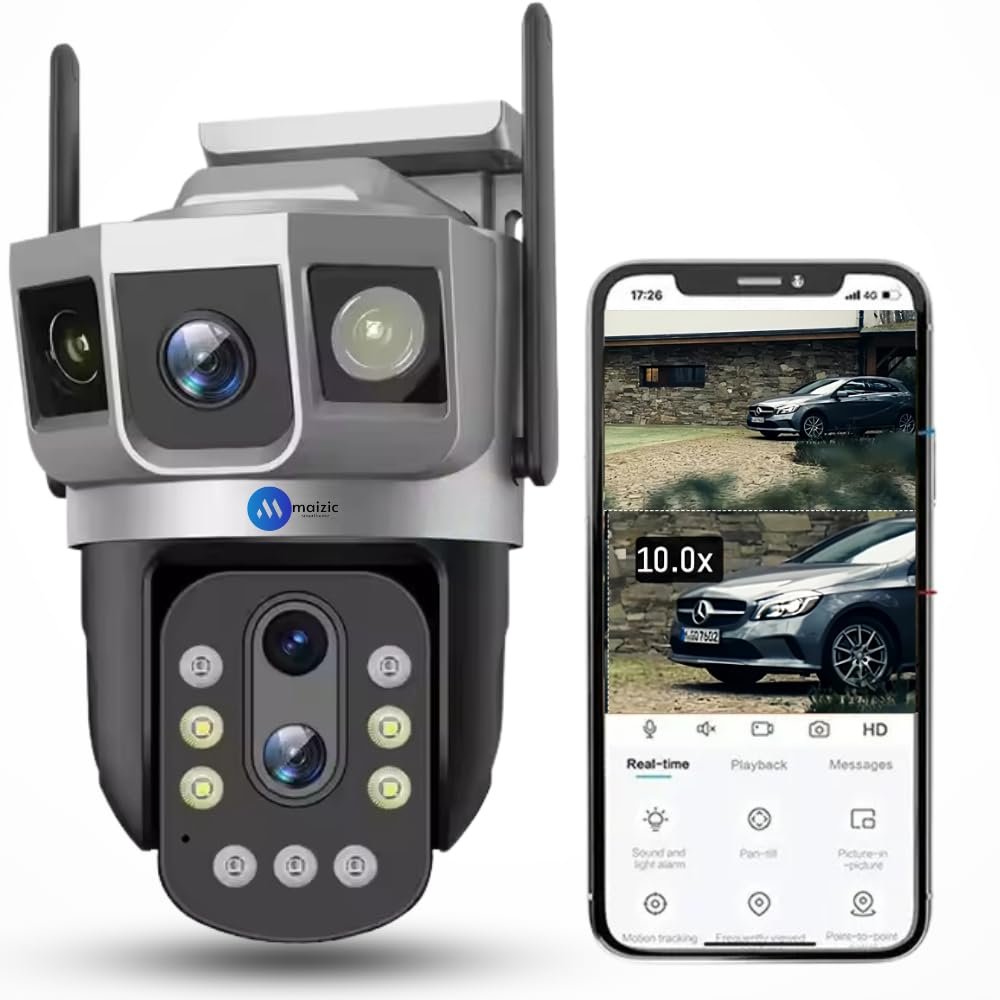 Maizic Smarthome Shark 10X Optical Zoom Dual Lens 5MP+5MP WiFi Outdoor CCTV Camera – Triple Screen View, Bullet + 360° PTZ, Color Night Vision, Motion Detection, IP66 Waterproof