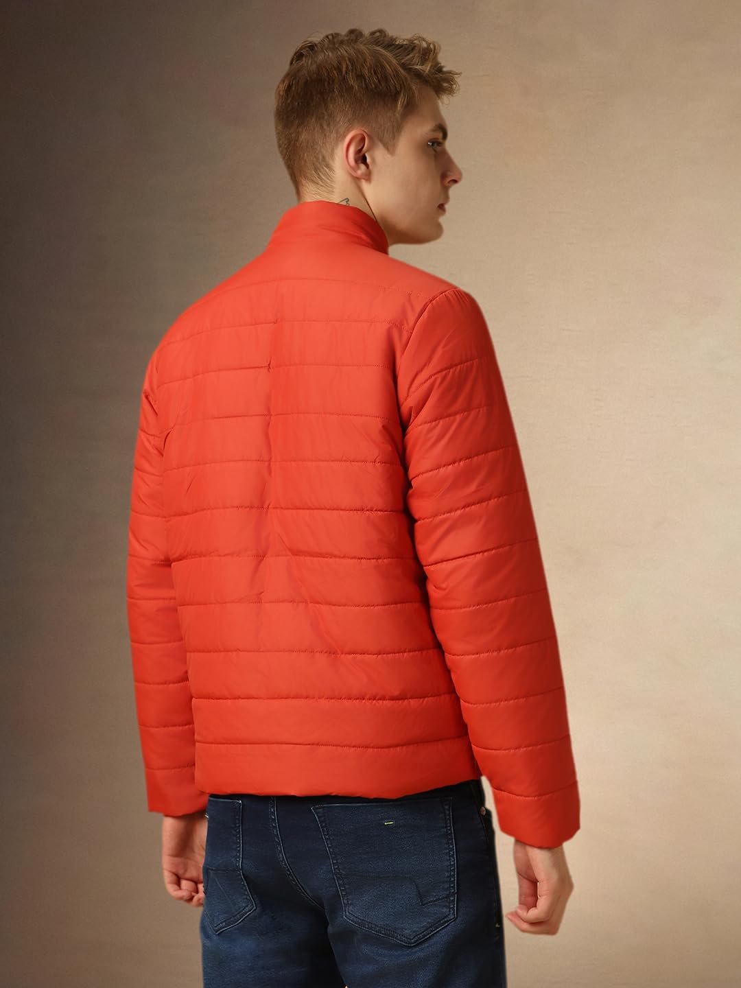 Dennis Lingo Men Rust Solid Regular Fit Full Sleeve Mock Collar Padded Jacket - Image 4