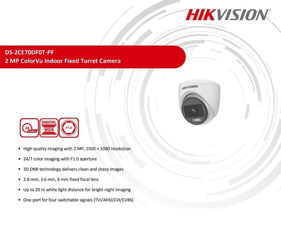 HIK Color-VU DS-2CE70DF0T-PF 2 MP Night Vision Dome Indoor CCTV, Compatible for All HIKVISION 2MP and Above DVRs 3.6 mm Lens and Light Distance 20 m (Wired, White, 1080p) - Image 2