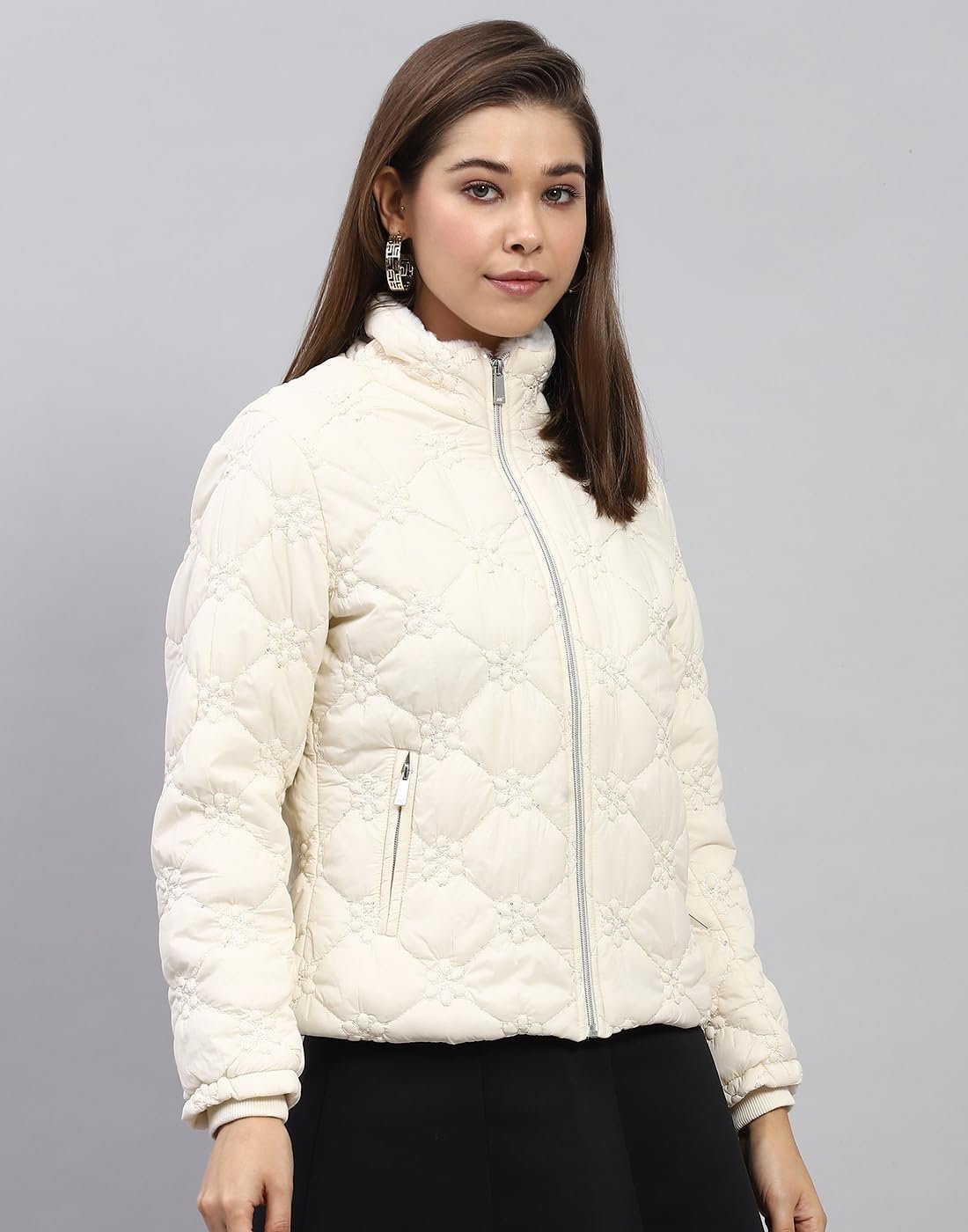 Monte Carlo Womens Embroidered White Mock Neck Full Sleeve Jacket - Image 4