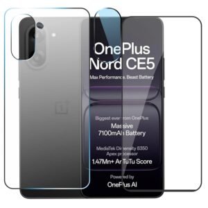 (3 in 1 combo) Best Tempered Glass Protector compatible for Oneplus nord ce5 5G with Back 3 layer membrane with Camera Lens Protector [Back guard+ superX tempered+ camera lens]