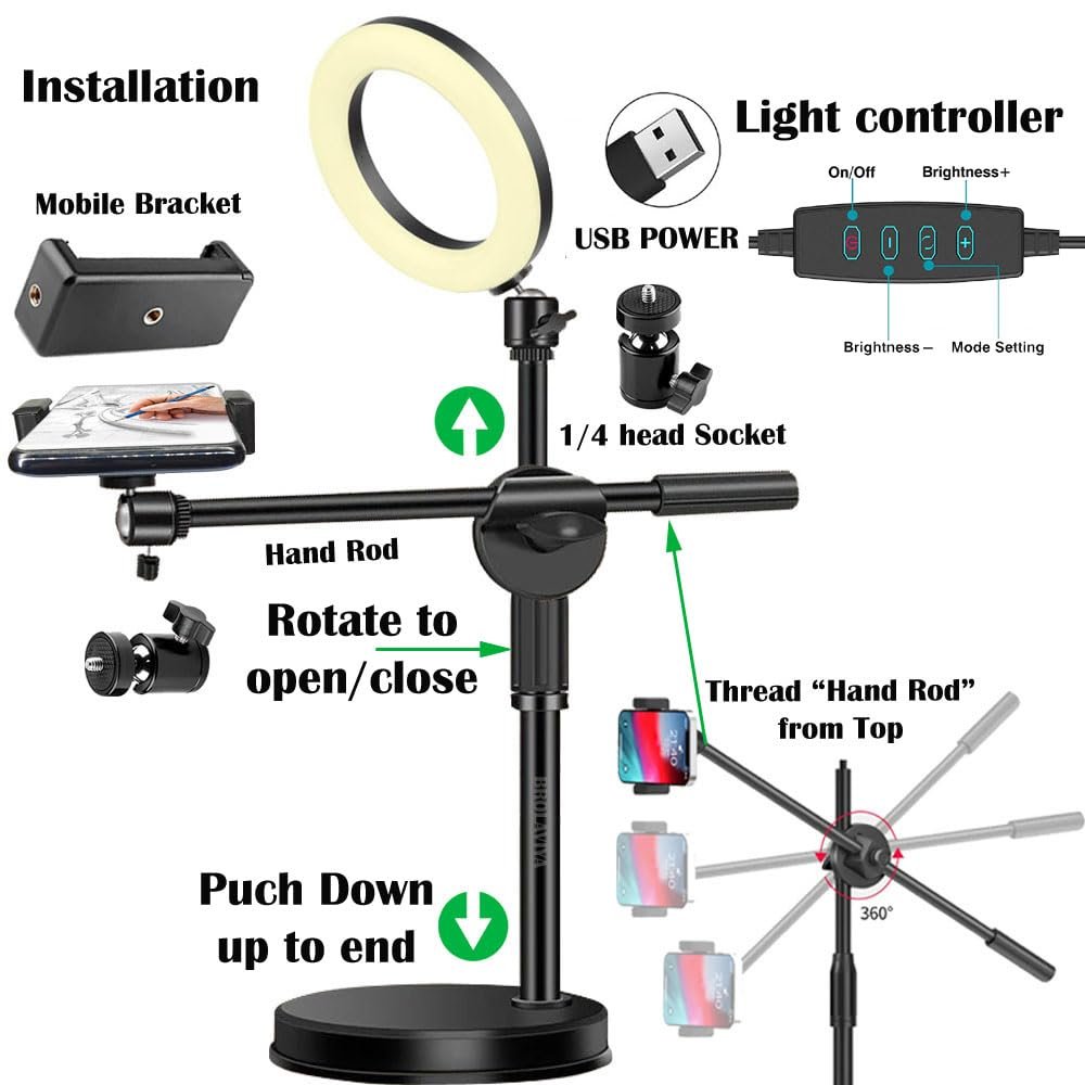 BROLAVIYA Overhead Video Stand with 6-inch Ring Light, Metal Rod,1/4" Ball Head for Camera,Webcam,Gopro, with Mobile Bracket for Overhead Video,Desktop,Bedroom, Office. - Image 7