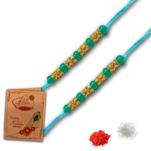 Green Pearl Rakhi Combo With Roli chawal and Rakshabandhan Greeting card For Man Set of 2 (1G1M)