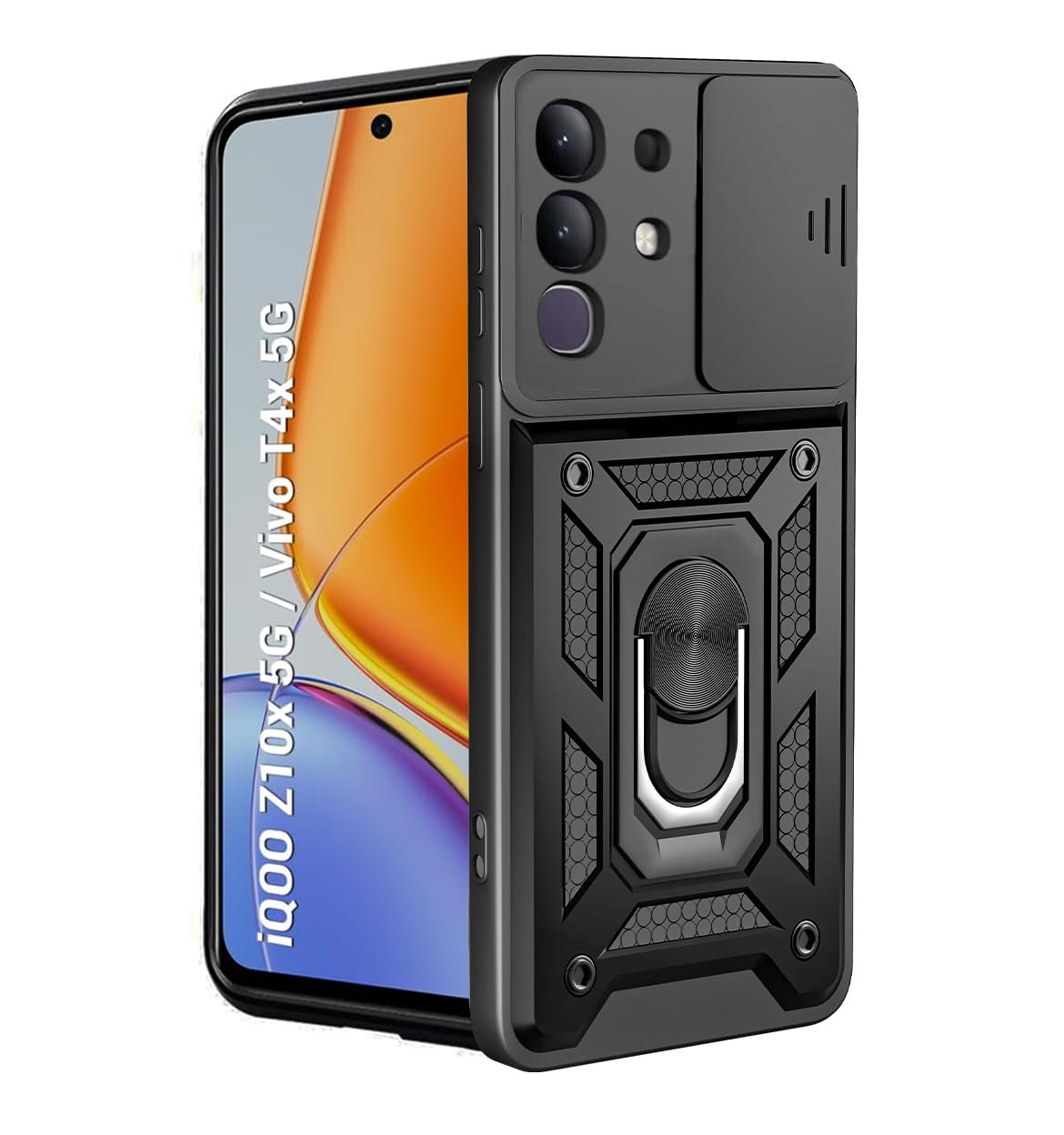 PC,TPU Tough Armor Bumper Back Cover Case For iQOO Z10X 5G/Vivo T4X 5G|Sliding Camera Cover,Kickstand & Ring Holder 360 Degree Protection Back Cover For iQOO Z10X 5G/Vivo T4X 5G