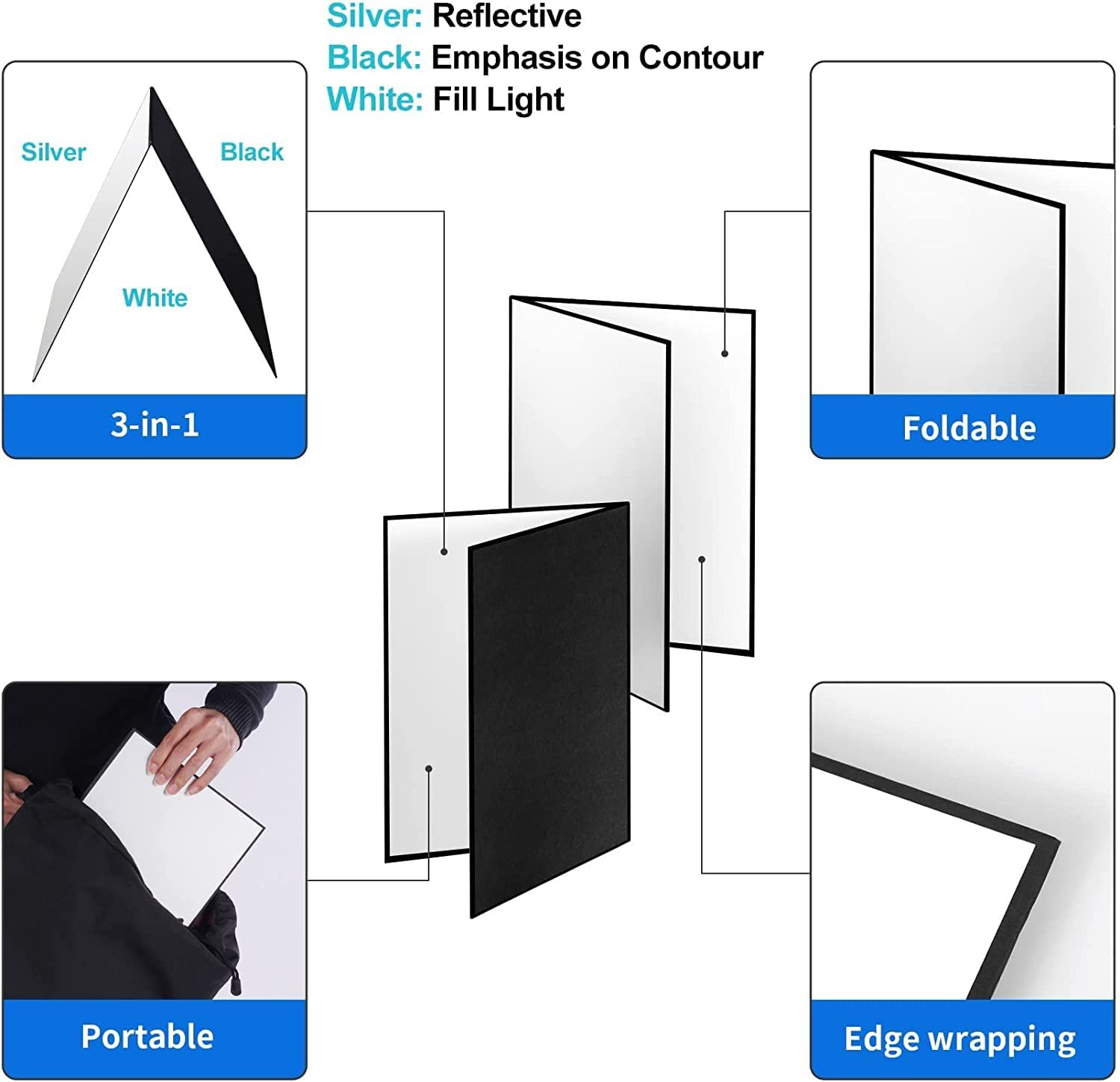 Royalkart 3 in 1 Light Reflector for Food,Product Photography, Diffuser Cardboard 29x42cm,Foldable Black, White, Silver Thick Paper Board - Image 2
