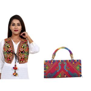Craft Trade Jacket for Women with Handbag(Free) Half Sleeveless Waist Coat Ethnic Navratri Garba Dandiya Traditional Rajasthani Embroidery Gujrati Koti for Girls – Bust Size 34-38 Inches