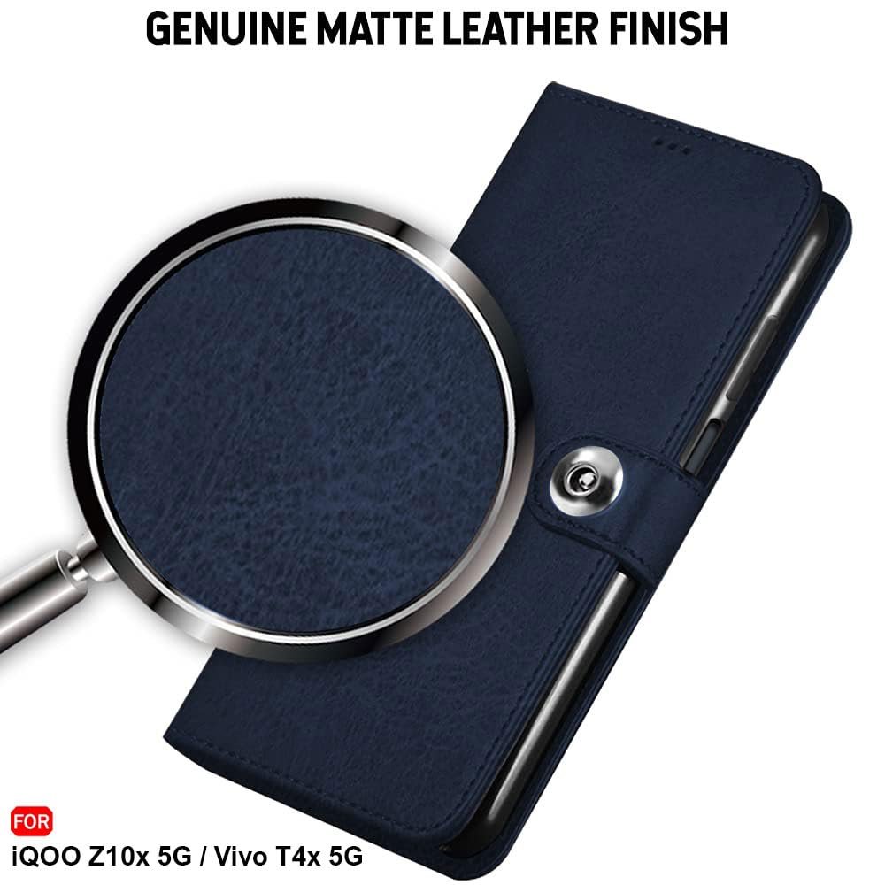 TheGiftKart Flip Cover Back Case for iQOO Z10x 5G / Vivo T4x 5G | Genuine Leather Finish | Designer Button | Inbuilt Pockets & Stand | Flip Cover for iQOO Z10x 5G / Vivo T4x 5G (Faux Leather, Blue) - Image 3