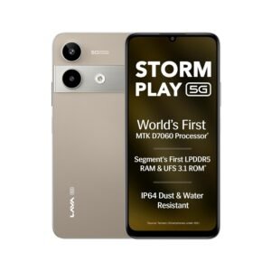 Lava Storm Play 5G (Dune Titanium, 6+6*GB RAM, 128GB Storage) | World’s First MTK D7060 Processor | 500k+ Antutu | LPDDR5 RAM | UFS 3.1 Storage | 50MP AI Camera | 120Hz Refresh Rate | IP64 Protection