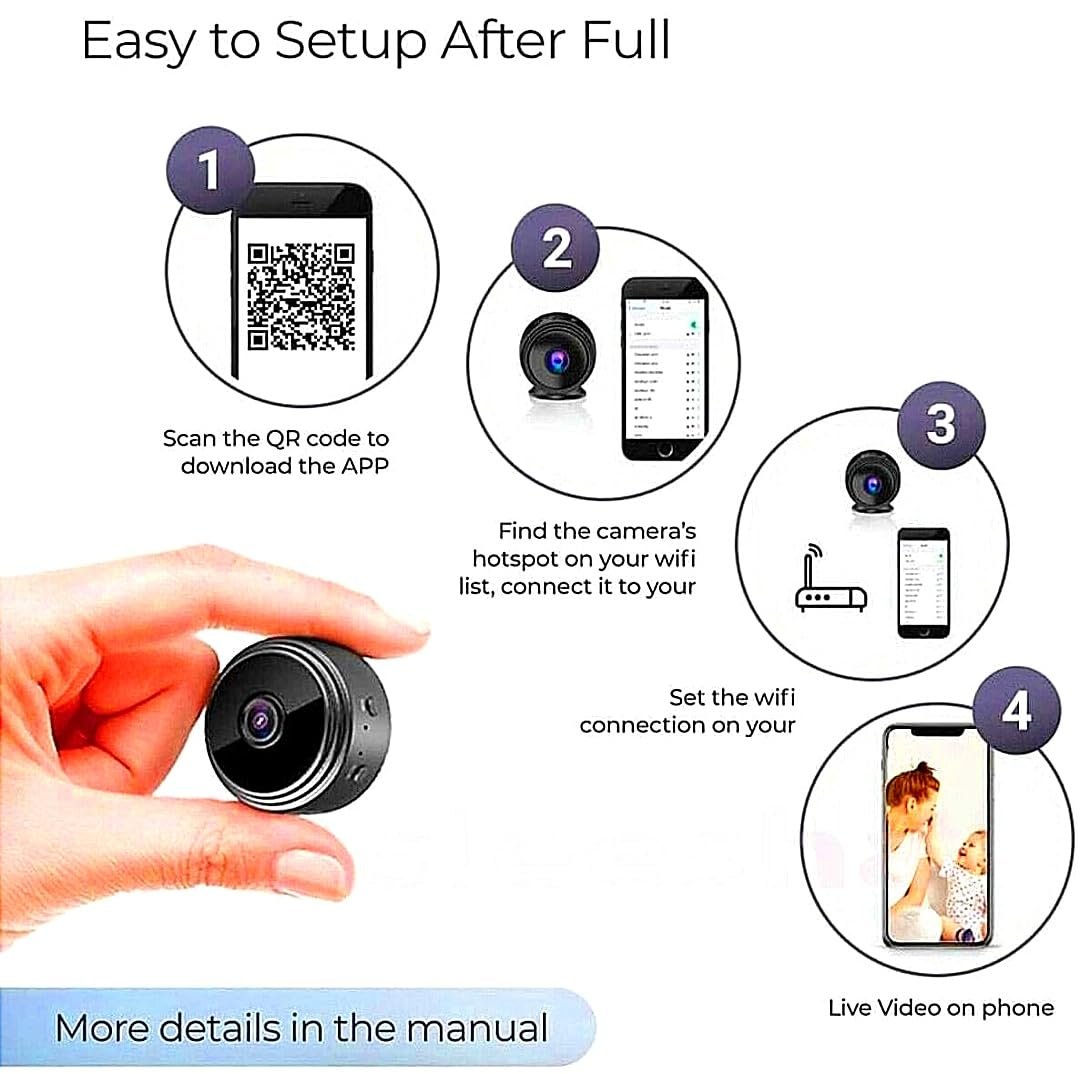SUR WiFi Spy Camera Hidden for Home Outdoor High HD Focus Spy Magnet Mini Live Stream Night Vision IP Wireless 1080P Audio Video Hidden Indoor Nanny Camera for Home Offices Security Multicolor. - Image 2