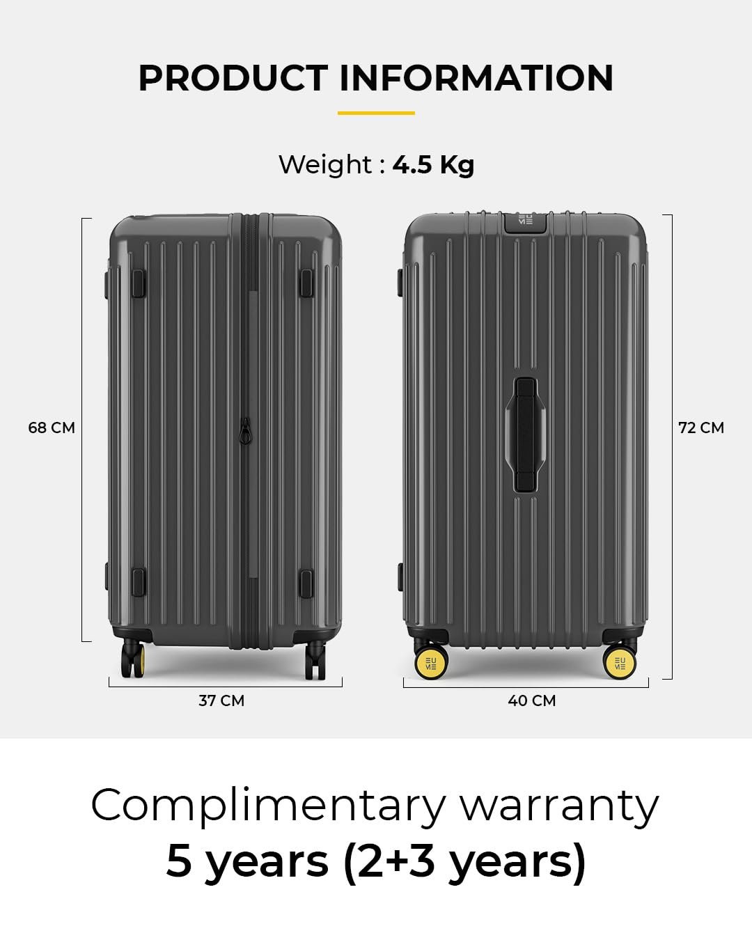 EUME Trunk Check in Trolley Bags for Travel Medium Size | 66cm to 74cm Expandable Trolley Bag | Polycarbonate 8 Silentrun Spinner Wheels Suitcase | Premium Trolley Bags for Travel (Volcanic Grey) - Image 3