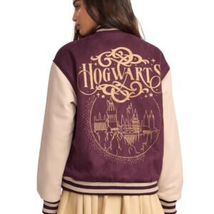 The Souled Store Harry Potter: Hogwarts Women and Girls Long Sleeves Band Neck Maroon Graphic Printed Polyester Oversized Varsity Jackets