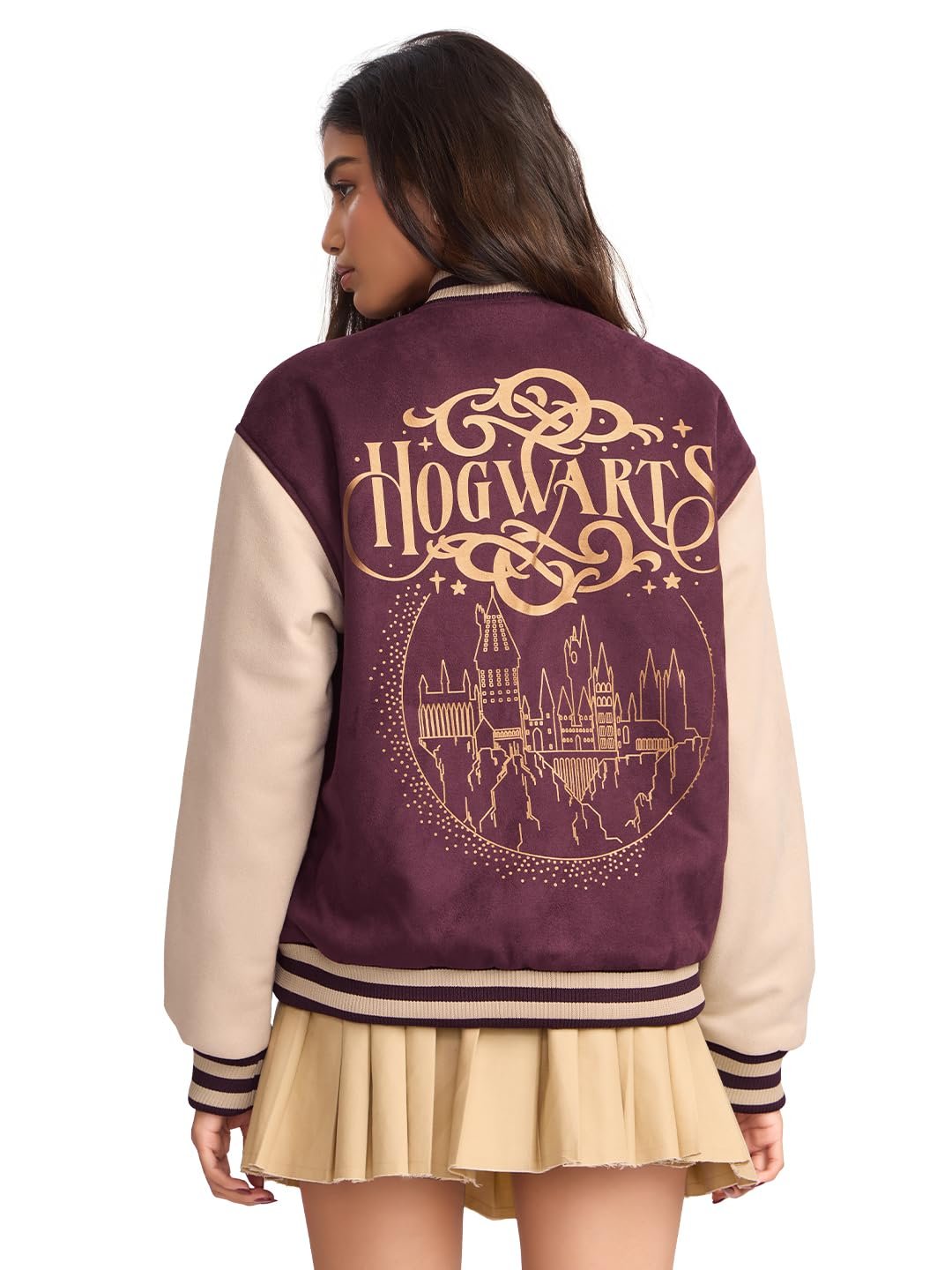 The Souled Store Harry Potter: Hogwarts Women and Girls Long Sleeves Band Neck Maroon Graphic Printed Polyester Oversized Varsity Jackets