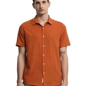 MUFTI Brown Self Design Slim Fit Shirt