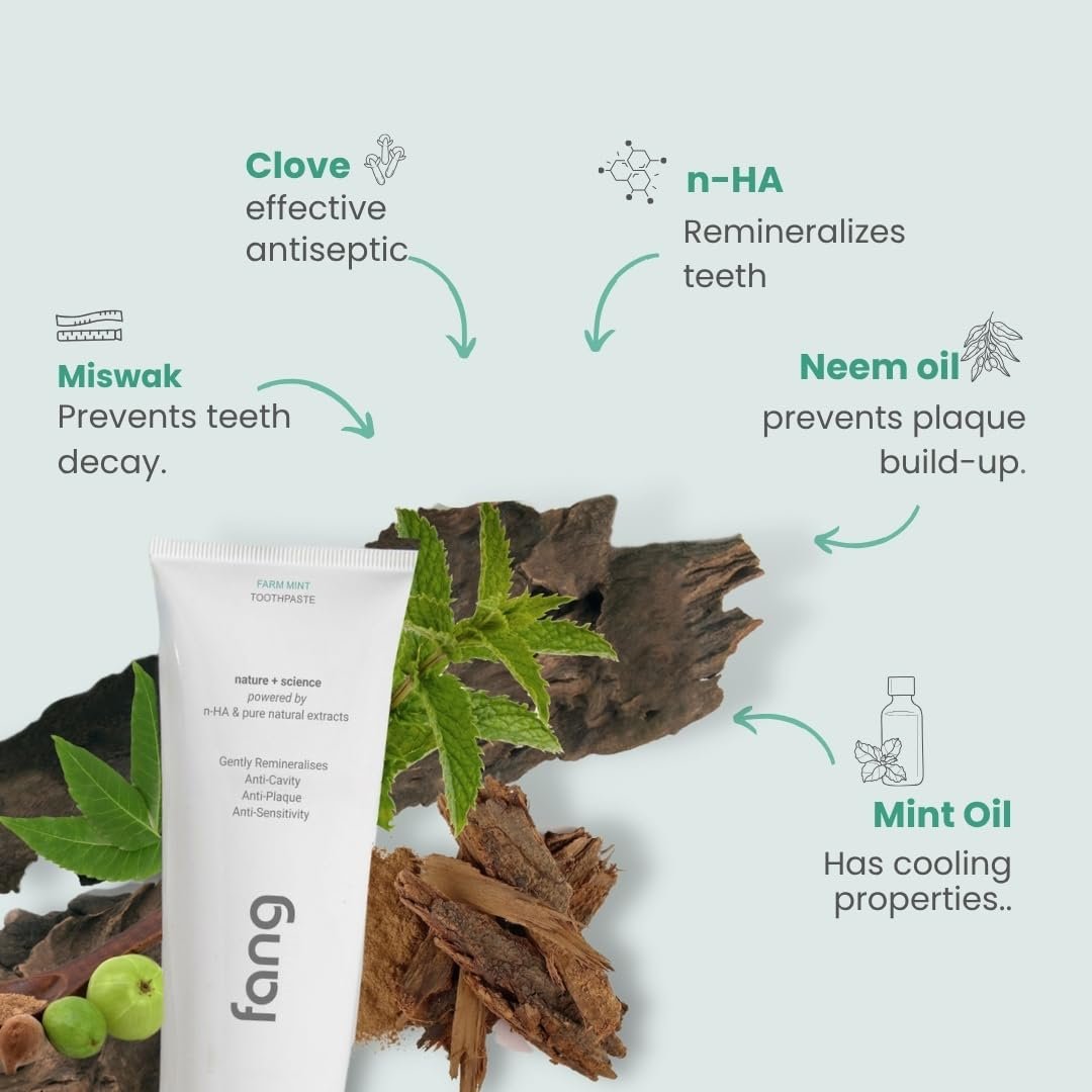 Fang Farm Mint Natural Toothpaste|Fluoride Free Hydroxyapatite|Teeth Whitening|Heals Sensitive Teeth|Fights Cavities,Gum Diseases & Bad Breath|SLS & Chemical Free|Organic, Vegan|120 grams(Pack of 1) - Image 2