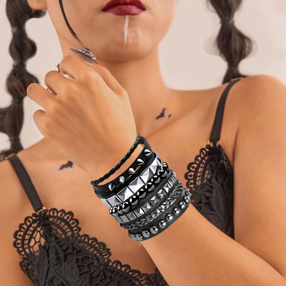 Goth Accessories, Gothic Jewelry Set, Punk Rock Studded Bracelets for Women & Men, Emo Accessories for Concert Outfits, 4-Piece Leather Bracelet Set in Black - Image 3