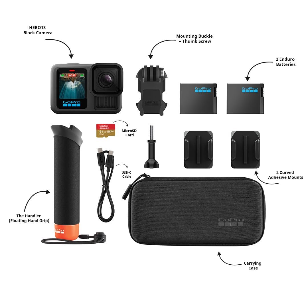 GoPro HERO13 Black Special Bundle Includes - HERO13 Black Camera, Handler, 2-Enduro Batteries, 2-Curved Adhesive Mounts, 64GB MicroSD Card, Hard Carrying Case(1-Yr International+1-Yr India Warranty) - Image 2