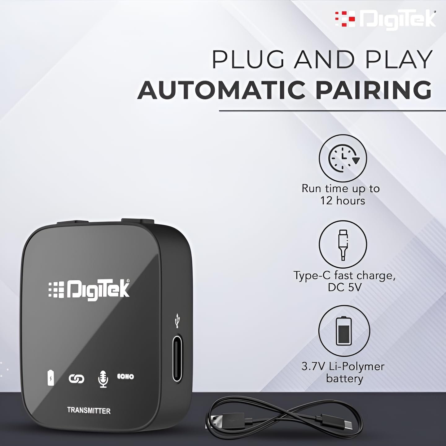 Digitek® (DWM 101 Wireless Microphone System with ANC Noise Reduction, 360° Sound Capture, 100M Range, Upto 12 Hrs Working Time, for DSLR Camera, Android & iOS Smartphones, Seamless Audio Recording - Image 4