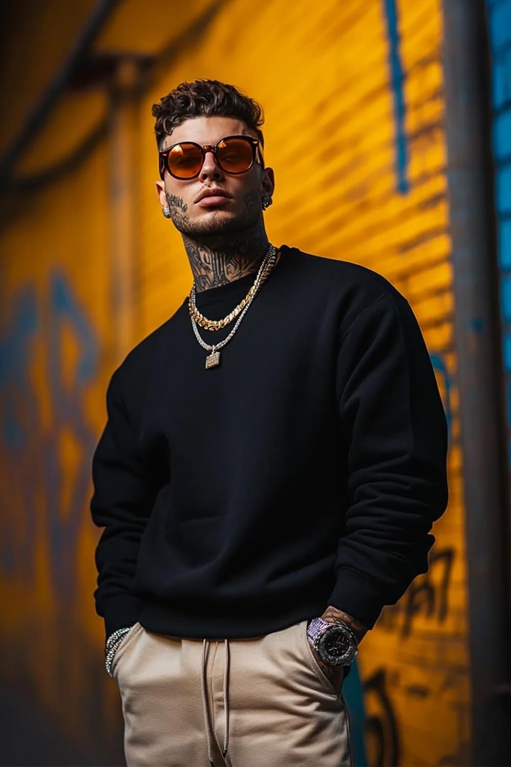 Veirdo Cotton Poly Fleece Oversized Fit Full Sleeves Ribbed Solid Crew Neck Sweatshirt for Men - Image 2