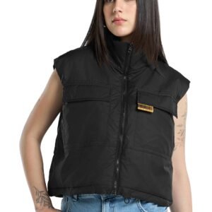 Bewakoof Women’s Solid Oversized Fit Sleeveless High Neck Nylon Jacket