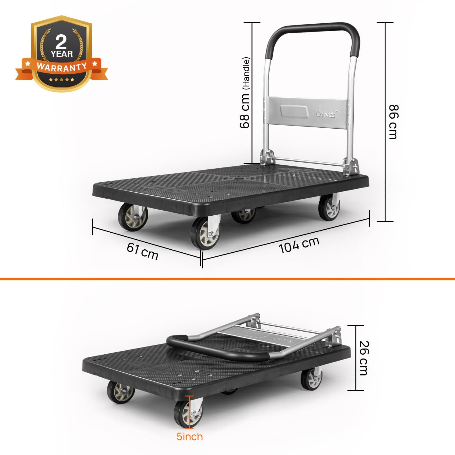 Corvids 500 Kg Portable Plastic Folding Hand Platform Trolley | 2-Year Warranty | Industrial Dolly Cart with 360° Rotating Wheels for Home and Warehouse Use… - Image 3