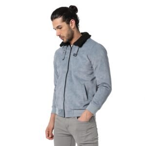 Campus Sutra Men’s Black & Grey Zip-Front Jacket with Open-Angled Pocket for Casual Wear | Low-High Neck | Long Sleeve | Zipper Closure | Cotton Jacket Crafted with Comfort Fit for Everyday Wear