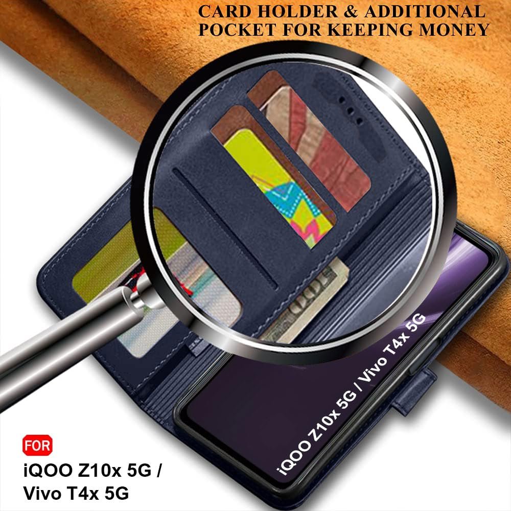 TheGiftKart Flip Cover Back Case for iQOO Z10x 5G / Vivo T4x 5G | Genuine Leather Finish | Designer Button | Inbuilt Pockets & Stand | Flip Cover for iQOO Z10x 5G / Vivo T4x 5G (Faux Leather, Blue) - Image 6