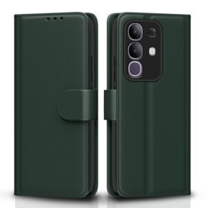 Amazon basics Flip Cover for Vivo T4x 5G / iQoo Z10x 5G Leather Finish | Wallet Stand and Shock Proof | Inside TPU with Card Pockets | Complete Protection Flip Case(Green)