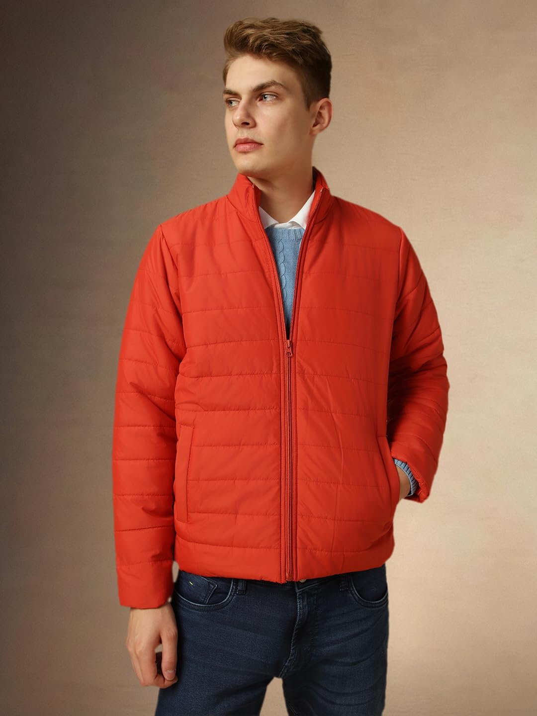 Dennis Lingo Men Rust Solid Regular Fit Full Sleeve Mock Collar Padded Jacket - Image 2