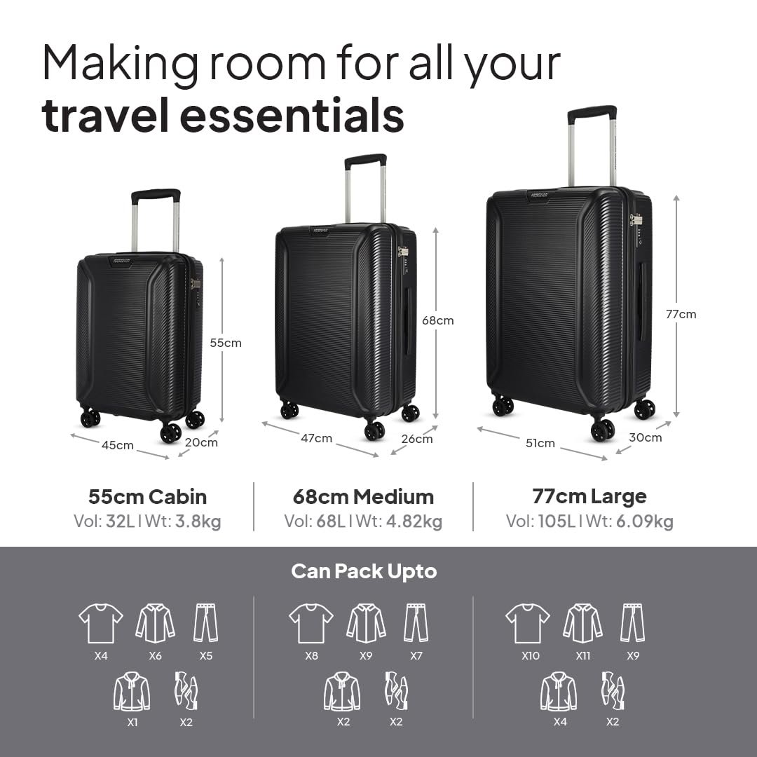 American Tourister Medium Robotech with TSA Lock & 8 Wheel, 67 CM Hard PC Check-in Suitcase for Travel/Trolley Bag for Travel/Travel Bag with Double Wheel for Women & Men - Black - Image 5