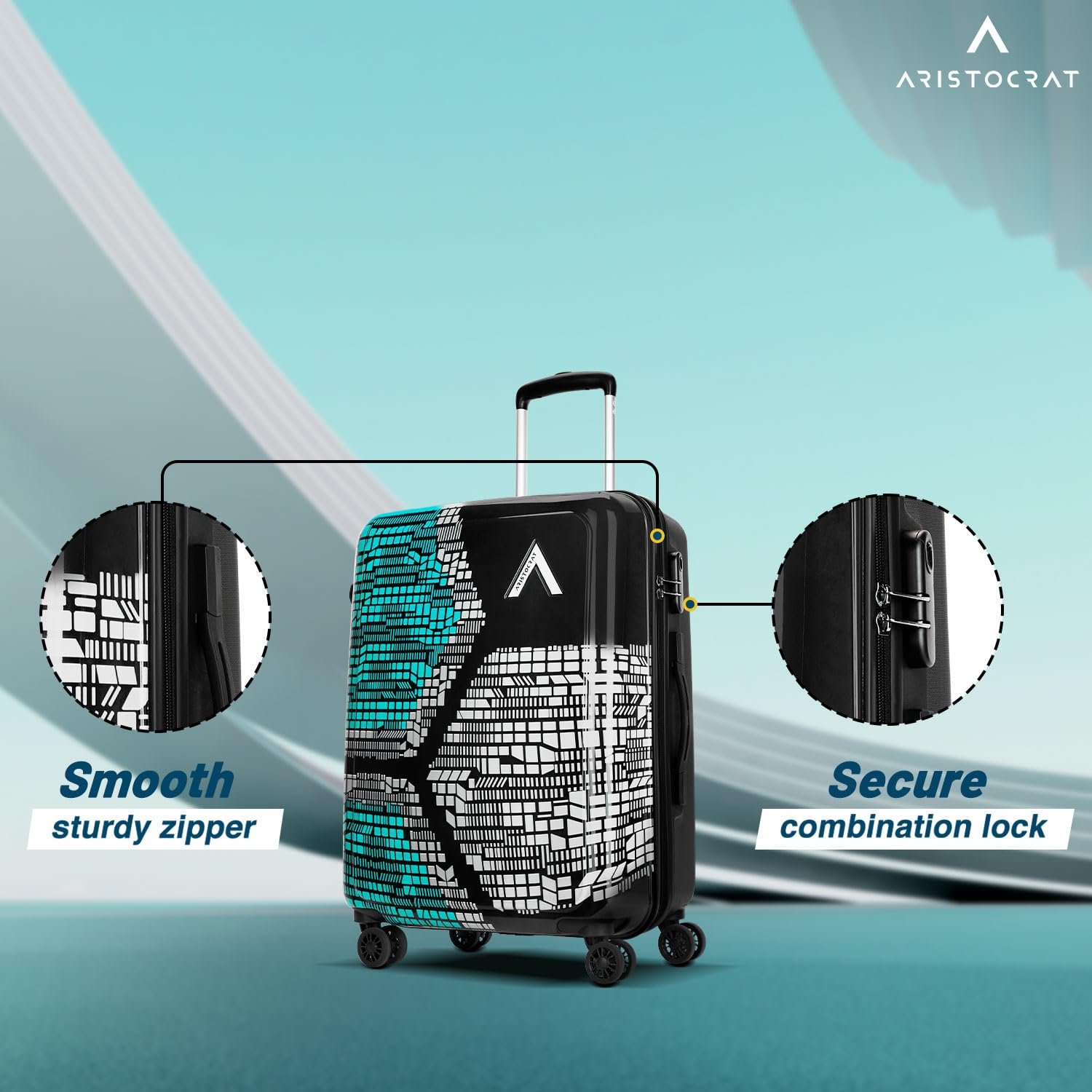 Aristocrat Bruce Check-in Trolley Bag 64cm | Medium | Hard Luggage | Smooth 8-Wheel Suitcase | Secure Combination Lock with Sturdy Zipper | Full Fabric Convipack | 5-Year Warranty (Blue) - Image 3