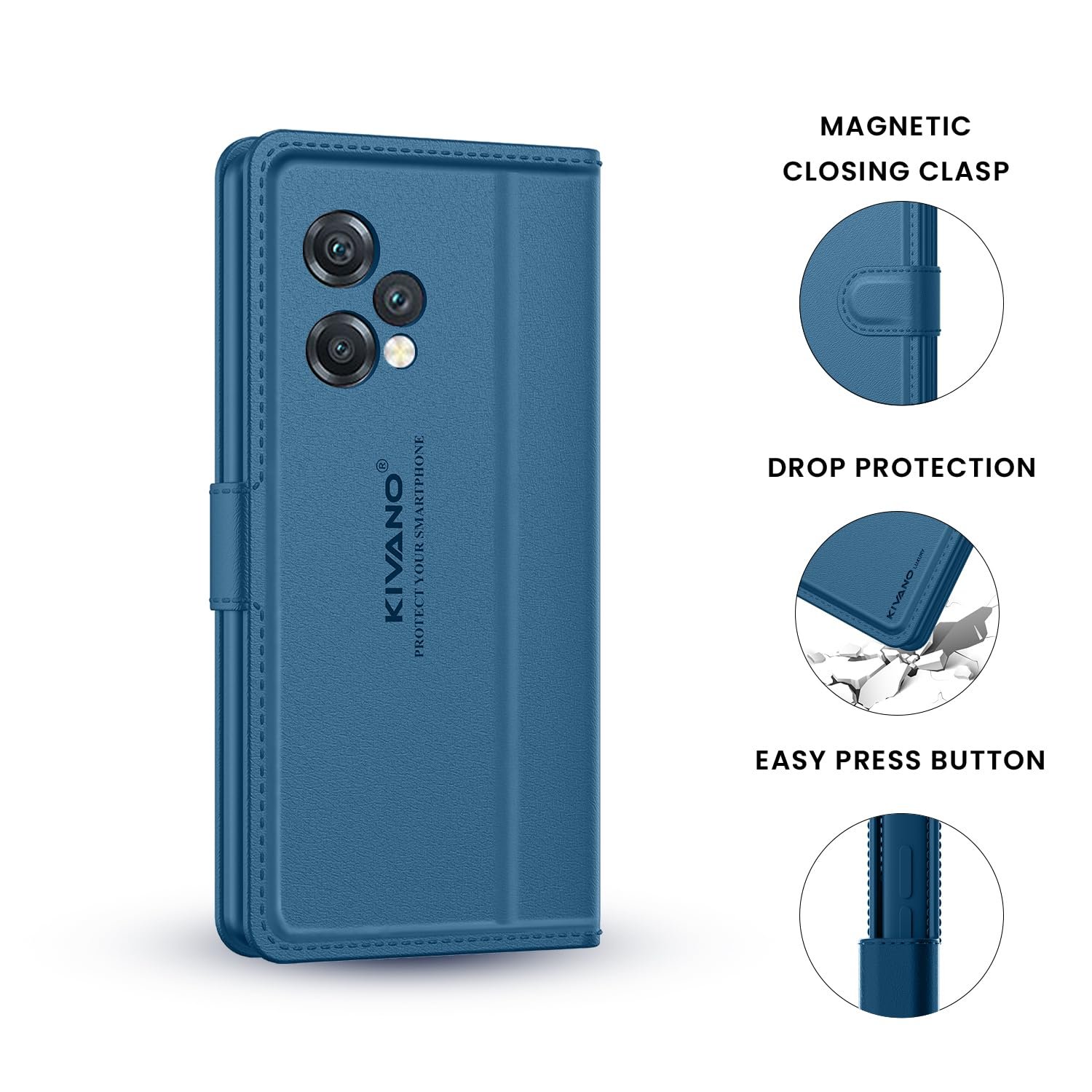 Compatible for Oppo A5 Pro 5G Luxury Handmade Leather Magnetic Flip Folio Case | Card Holder & Kickstand | Slim Protective Cover | Unisex - Blue - Image 8