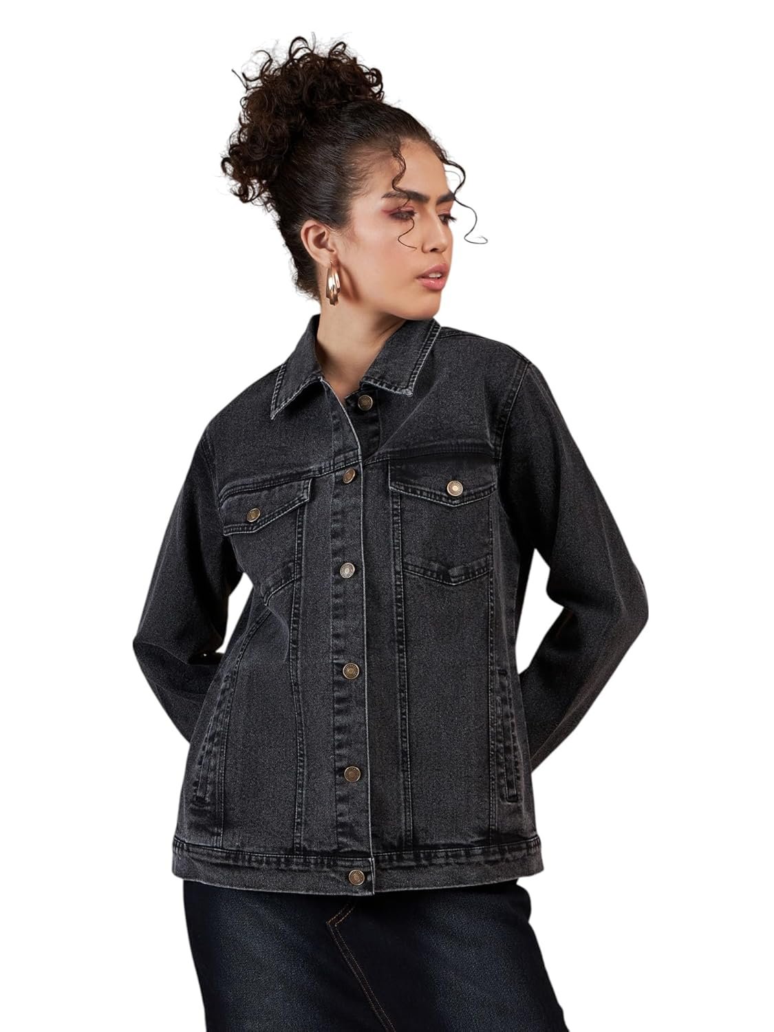 SASSAFRAS Women Washed Denim Oversized Jacket