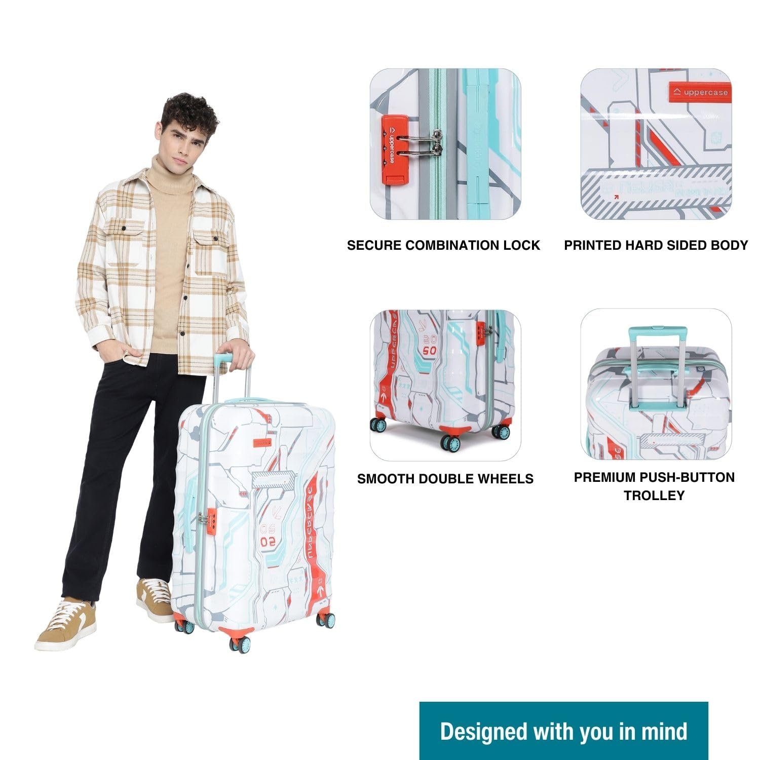 uppercase Cyber Punk Trolley Bag Set Of 3 (S+M+L) Hardsided Polycarbonate Printed Cabin & Check-In Luggage, Suitcase, Unisex, 2000 Days Warranty (White, 31 X 53 X 75.5 Cm, Spinner) - Image 4