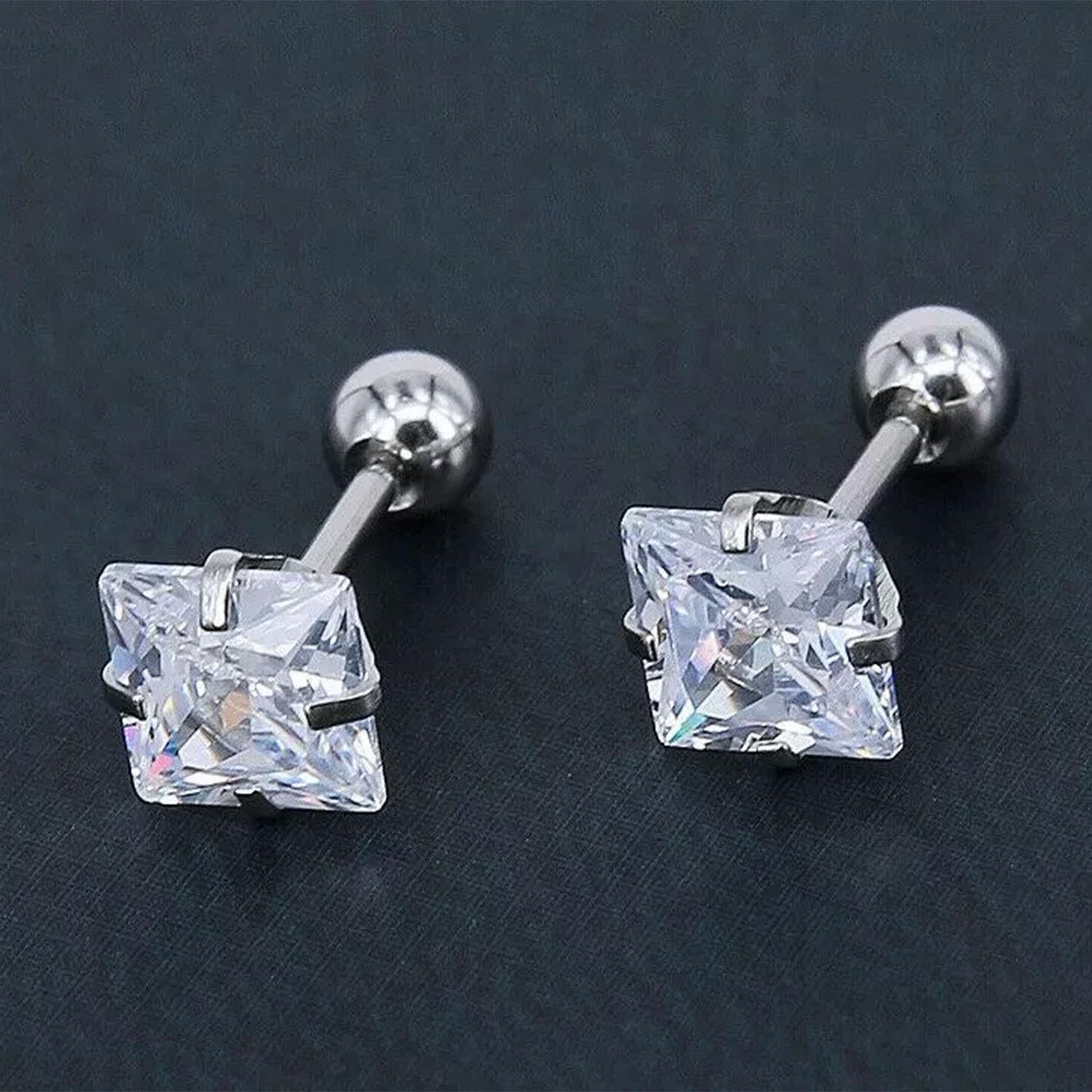 VAMA FASHIONS 18K Silver-Plated Trendy Square-Cut Minimalist Barbell Stud Earring with Brilliant CZ Stone Sleek Design Ear Stud For Mens - Image 4