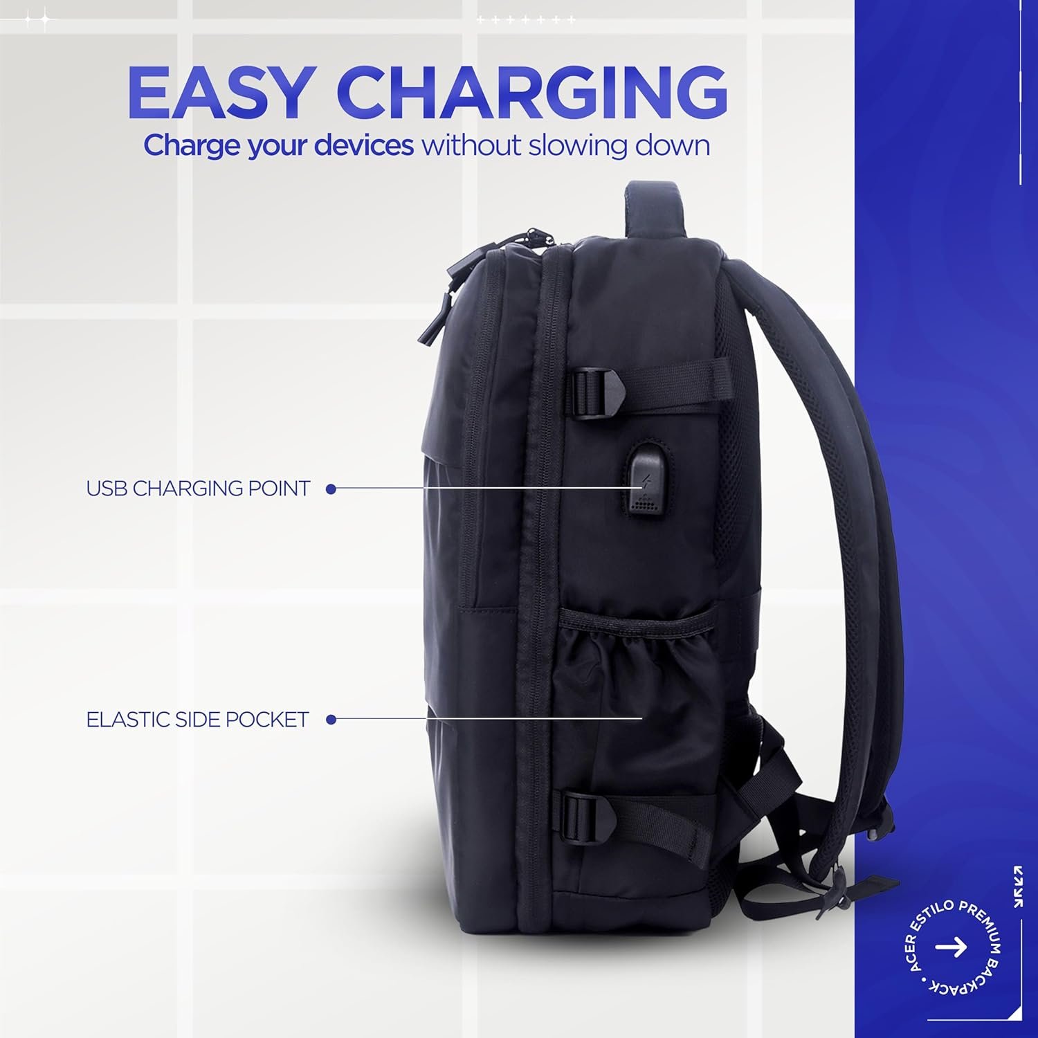 Acer Estilo Premium 15.6 Inch Black Color Backpack I Water Resistent Polyester I Expandable, 2 Zipper Front Pocket, 2 More Compartment for Laptop and Other Accessories I USB Charging I Strolley Strap - Image 6