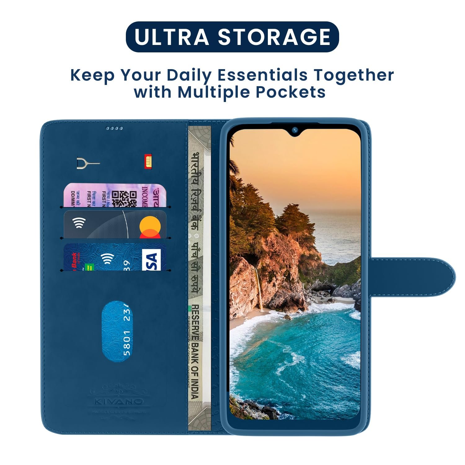 Compatible for Oppo A5 Pro 5G Luxury Handmade Leather Magnetic Flip Folio Case | Card Holder & Kickstand | Slim Protective Cover | Unisex - Blue - Image 5