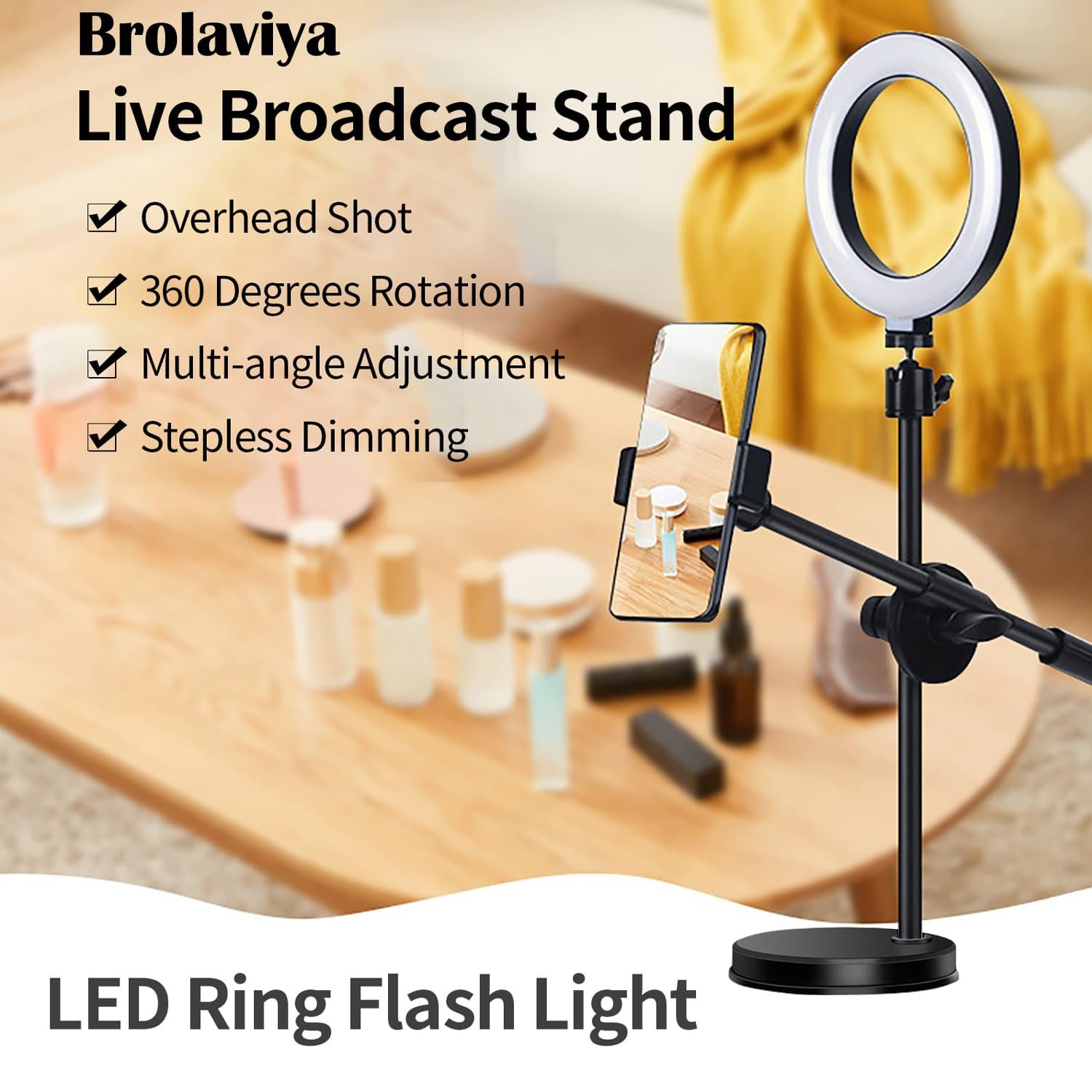 BROLAVIYA Overhead Video Stand with 6-inch Ring Light, Metal Rod,1/4" Ball Head for Camera,Webcam,Gopro, with Mobile Bracket for Overhead Video,Desktop,Bedroom, Office. - Image 9