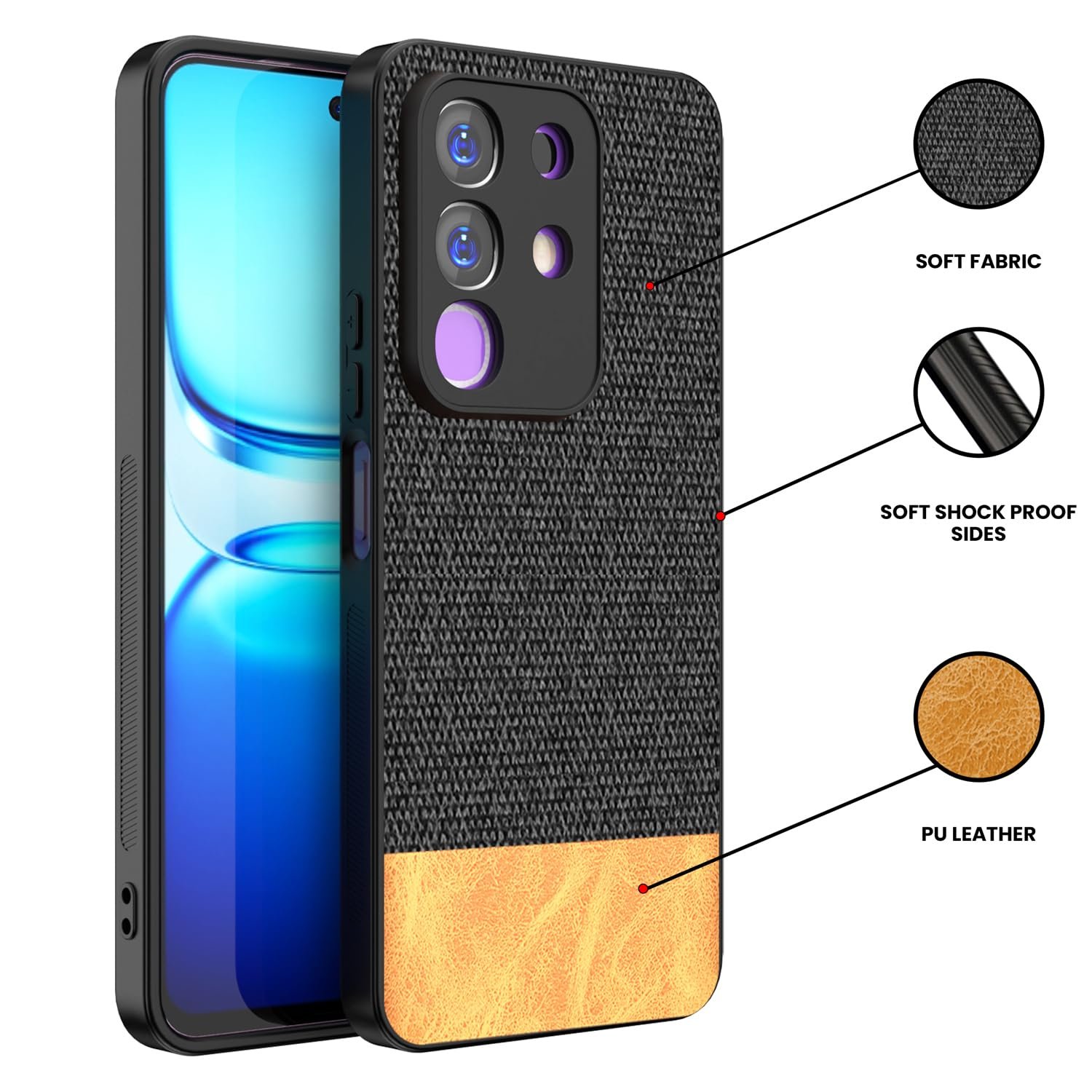 Kapa Soft Fabric & Leather Hybrid Protective Back Cover for Iqoo Z10x 5G / Vivo T4x 5G | Shockproof Slim Hard Anti Slip Back Case (Black,Brown) - Image 3