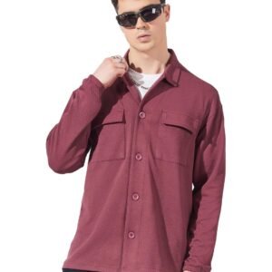 Maniac Mens Collared Neck Fullsleeve Burgundy 2Pockets Polyester Fleece Regular fit Shacket