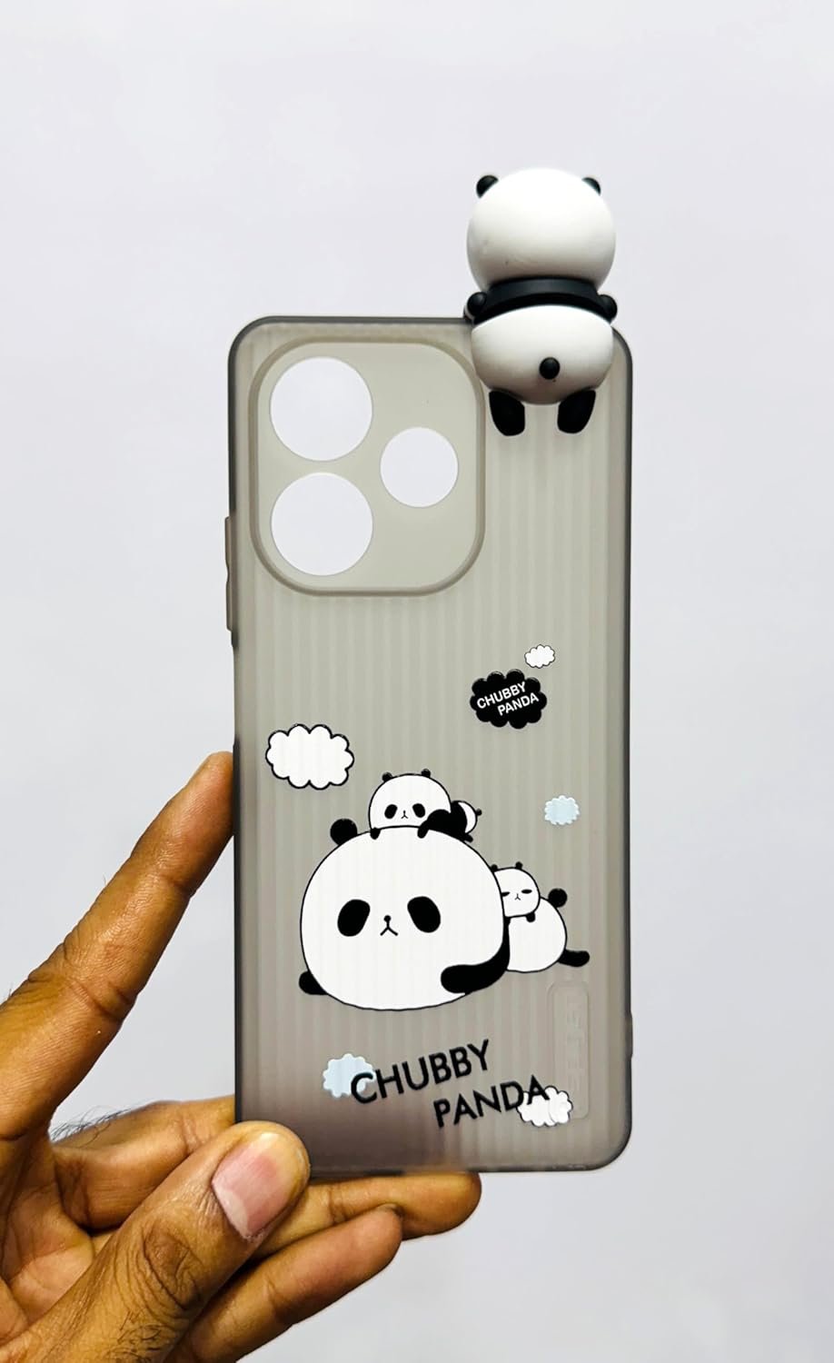 RM® Chubby Panda Grid Lines Phone Case for Oppo A5 Pro 5G, Cute 3D Panda Cartoon Design, Translucent Grey - Image 2