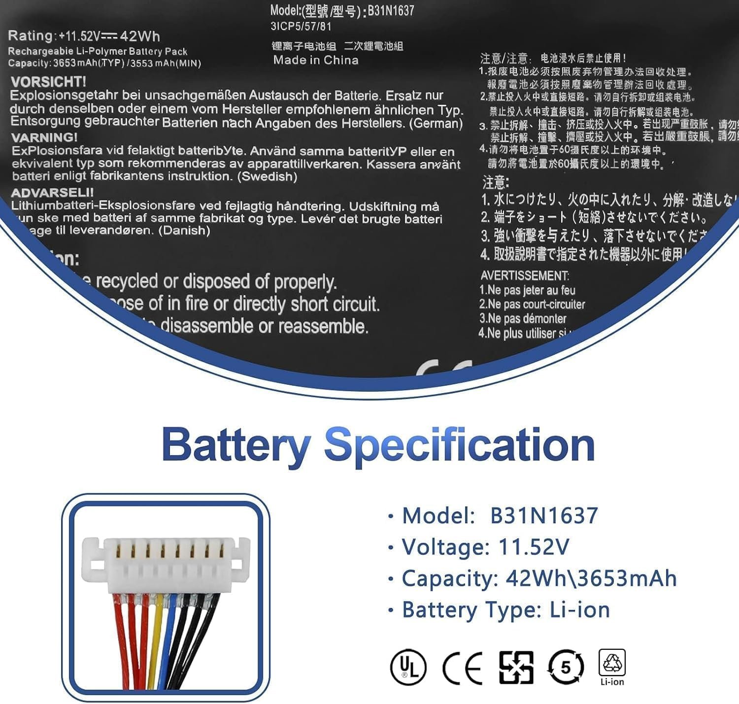 B31N1637 C31N1637 Laptop Battery Compatible for Asus VivoBook 15 S15 S510 S510U S510UA S510UN S510UF S510UQ S510UR X510 X510U S510UQ S510UN S510UR S510UA F510 F510U F510UA F510UQ F510QA X510UA - Image 2