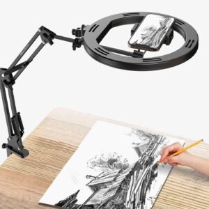 BROLAVIYA No Shadow Overhead Video Mobile Stand with Extra Long Metal Arm,10inch Selfie Ring Light,2 Way Base clamp 1/4″ Adaptor for Camera, GoPro and Mobile Bracket for Desktop, Bedroom, Office