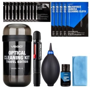 VSGO DKL-15 UES DSL Camera Lens Cleaning Kits: Lens Cleaner, Lens Pen, Microfiber Lens Cleaning Cloth, Air Blower, Wet Wipe, Suede Screen Cloth and Waterproof Bottle Container, Black