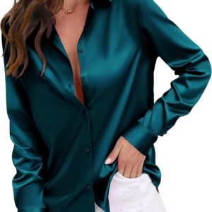 Womens Soft Satin Silk Leopard Button Down Shirts for Women Silky Long Sleeve Work Shirt Dress Blouses Tops