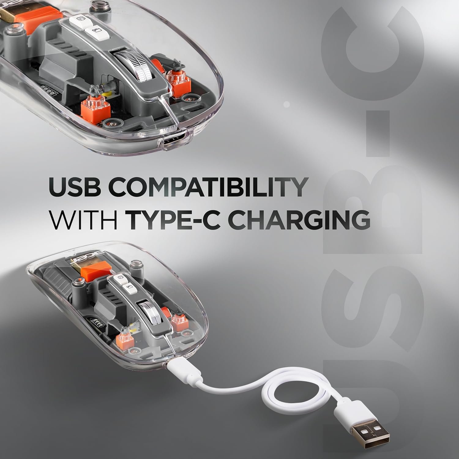 Acer Clearview Transparent Wireless Mouse with Triple-Mode Connectivity, Silent Click Tech, Metal Scroll Wheel,1600 DPI Optical Sensor, USB-C Charging, Compatible Windows, MacOS, iOS, Android-Grey - Image 7