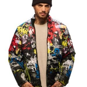 The Souled Store Batman: Gotham City Men and Boys Long Sleeves Stand Neck Zipper Front Multicolor All Over Printed Polyester Reversible Puffer Jackets