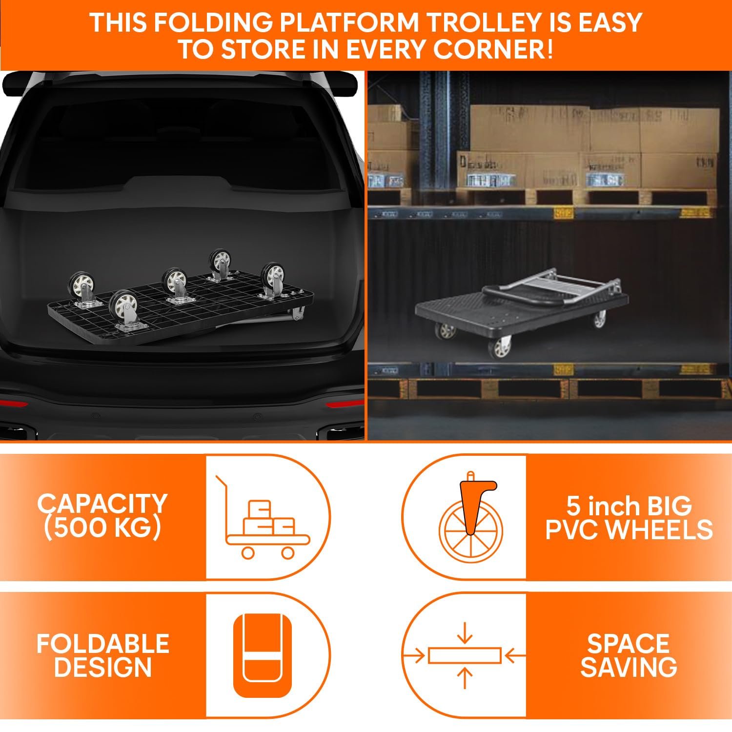 Corvids 500 Kg Portable Plastic Folding Hand Platform Trolley | 2-Year Warranty | Industrial Dolly Cart with 360° Rotating Wheels for Home and Warehouse Use… - Image 5