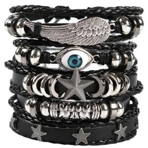 5 PCS Leather Bracelet, Punk Bracelet, Handmade Wrist Bands for Men, Heavy Leather Bracelet for Everyday Wear, Adjustable Hand Bands for Casual or Formal Outfits