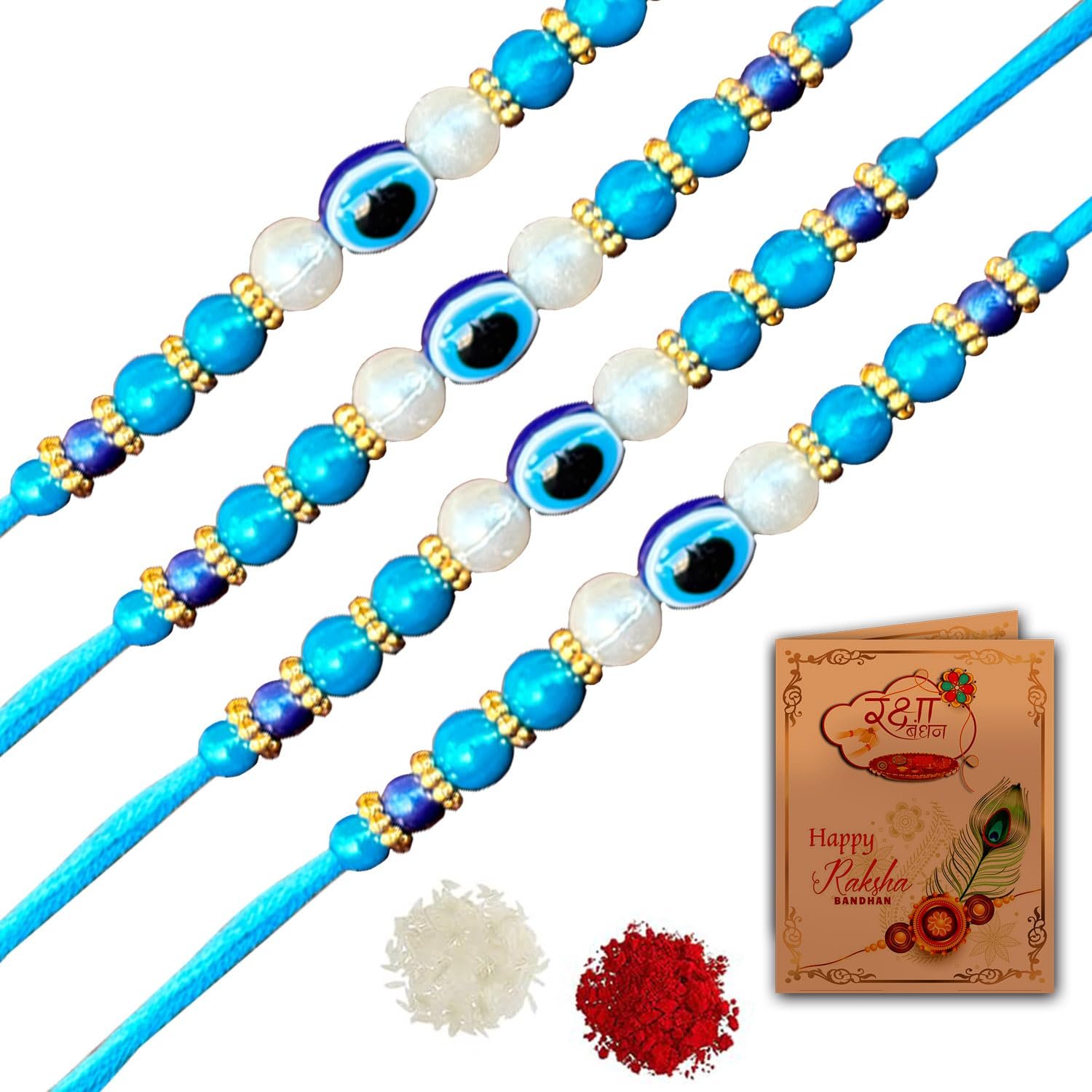 Rakhi Gift for Brother Evil Eye Rakhis Combo With Roli chawal and Rakshabandhan Greeting card (4EV) Set of 4 Rakhi